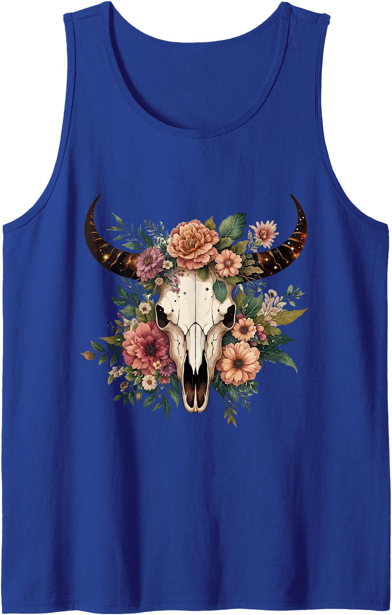 Funny Cow Skull Floral farm Western Country Outfit Boho Cow Bull Skull Flowers Wild west Western Cowgirl Texans Tank Top -