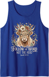 Religious Farmhouse Christian Cow Designs Christian Highland Cow Floral Follow The Word Not The Herd Tank Top - Royal Blue