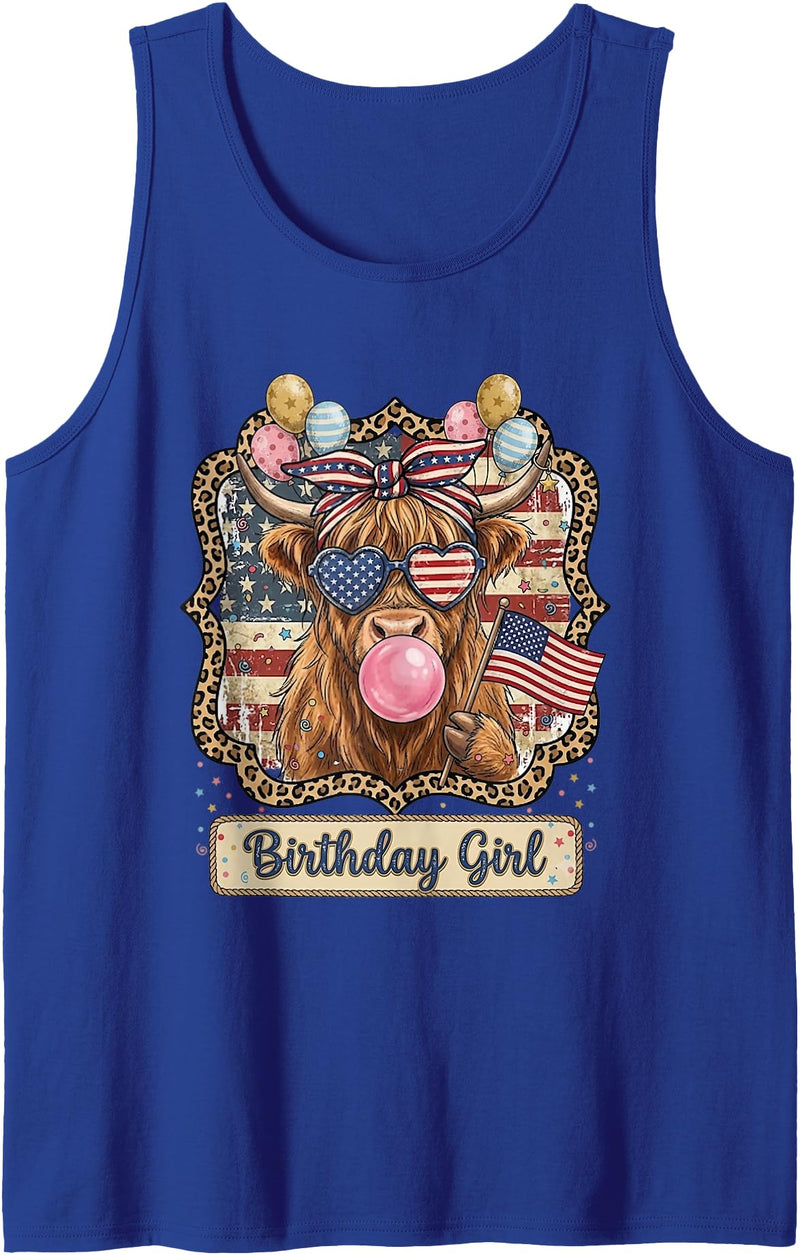 Patriotic Highland Cow Birthday Girl Flag Apparel Patriotic Highland Cow Birthday Girl Flag Design Tank Top - Royal Blue