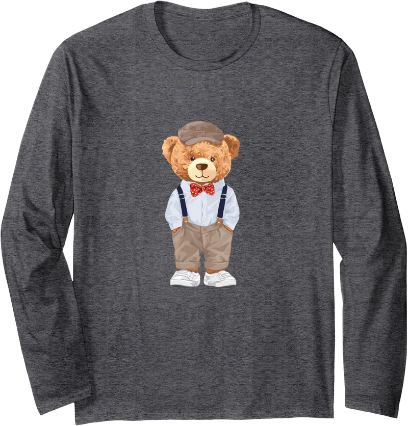 Bahaa's Tee Cool Teddy Bear Happy Quotes Illustration Graphic Designs Long Sleeve T-Shirt - Dark Heather Grey