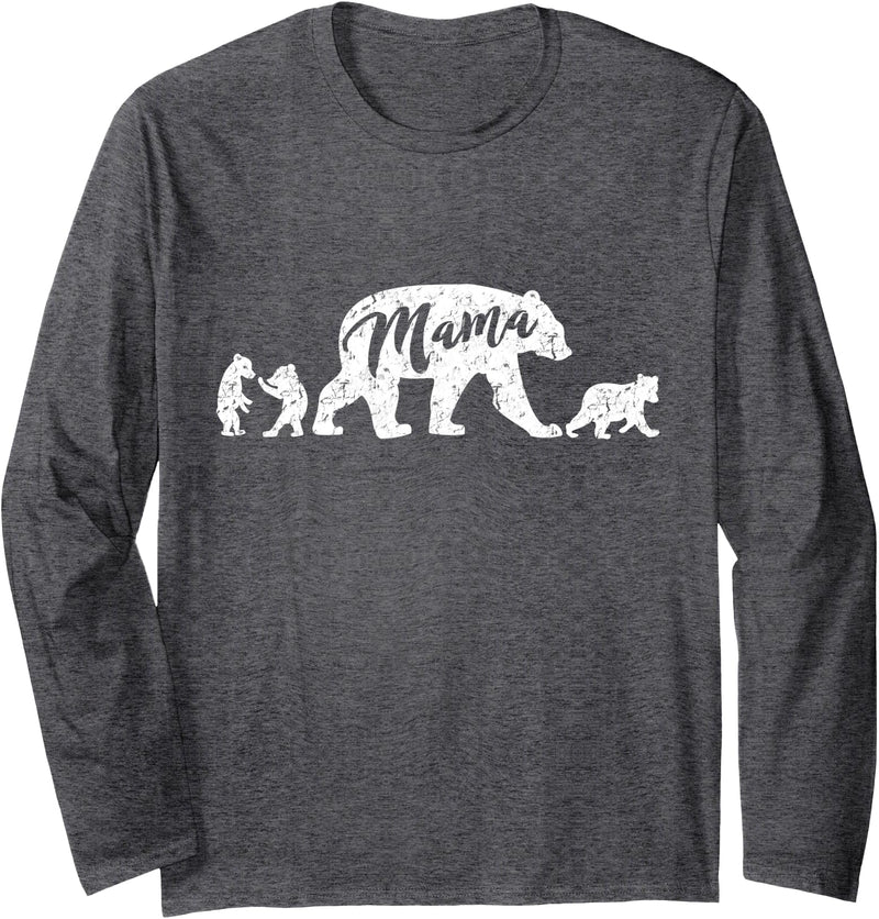 Papa & Mama Bear Shirts Mama Bear Long Sleeve T-Shirt with Three Cute Bear Cubs - Dark Heather Grey