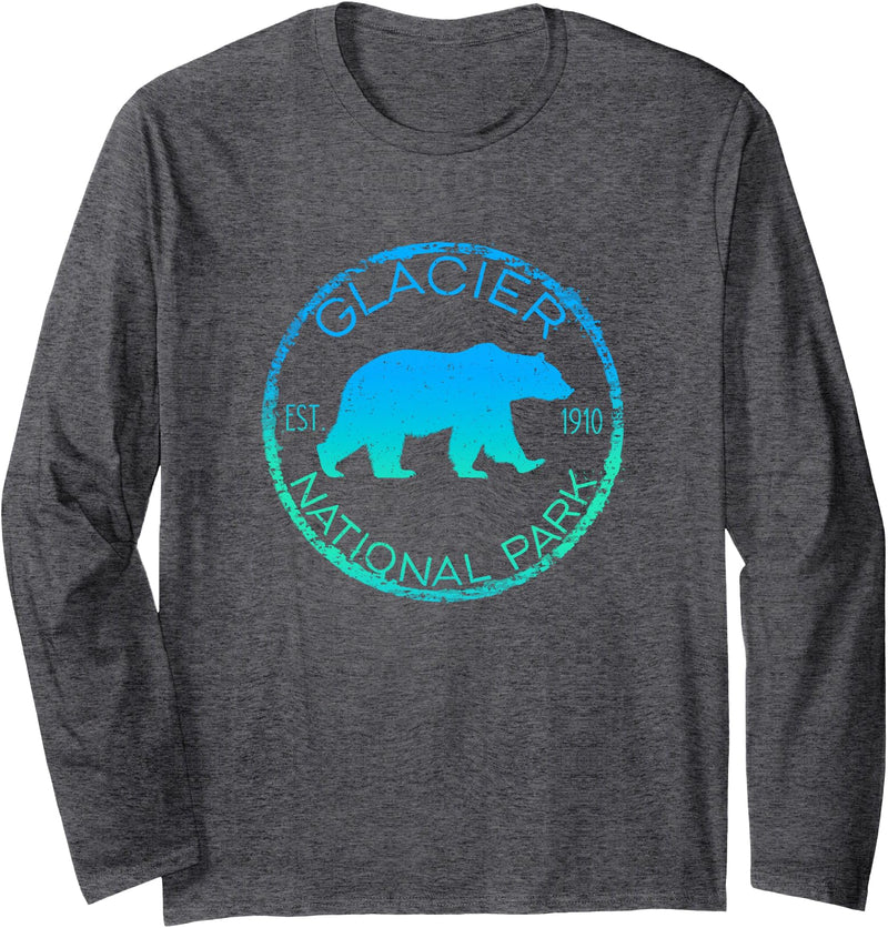 Pine Hill Goods Glacier National Park Grizzly Bear Design Graphic Souvenir Long Sleeve T-Shirt - Dark Heather Grey
