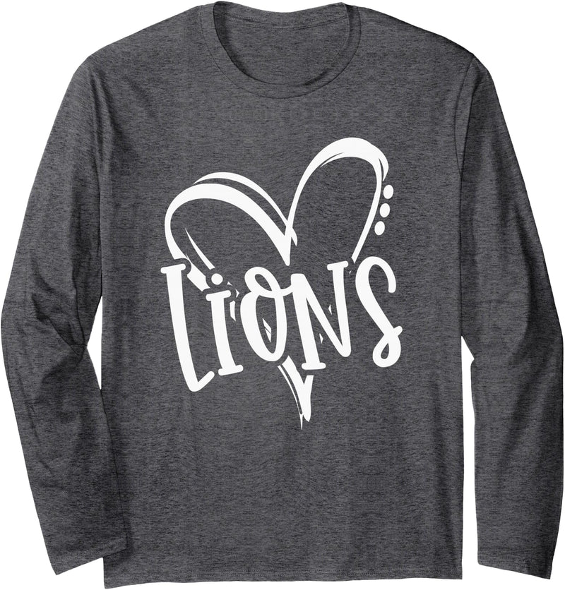 Lion School Spirit Sport Team Co. Lions School Sports Fan Team Spirit Heart Long Sleeve T-Shirt - Dark Heather Grey