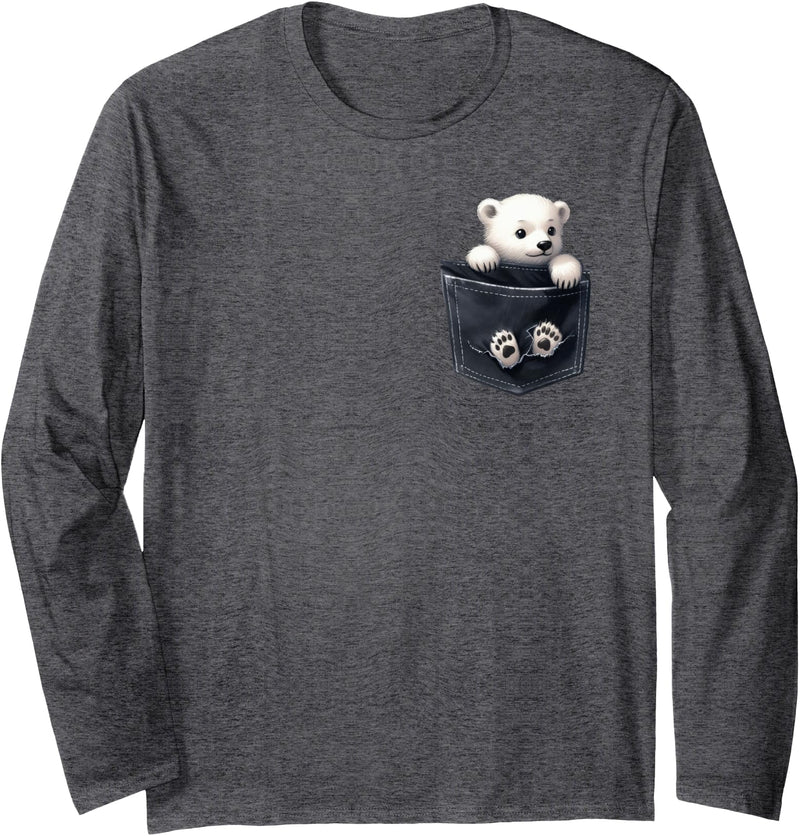 Polar Bear Lover Artwear Polar Bear in Pocket Baby Polar Bear Peeking Bears Lover Long Sleeve T-Shirt - Dark Heather Grey