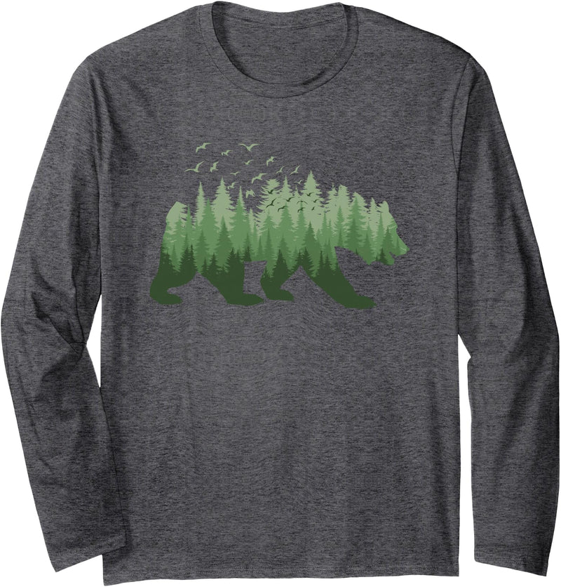 Outdoor Nature Forest Animal Gifts Nature Forest Wildlife Trees Wild Animal Bear Long Sleeve T-Shirt - Dark Heather Grey