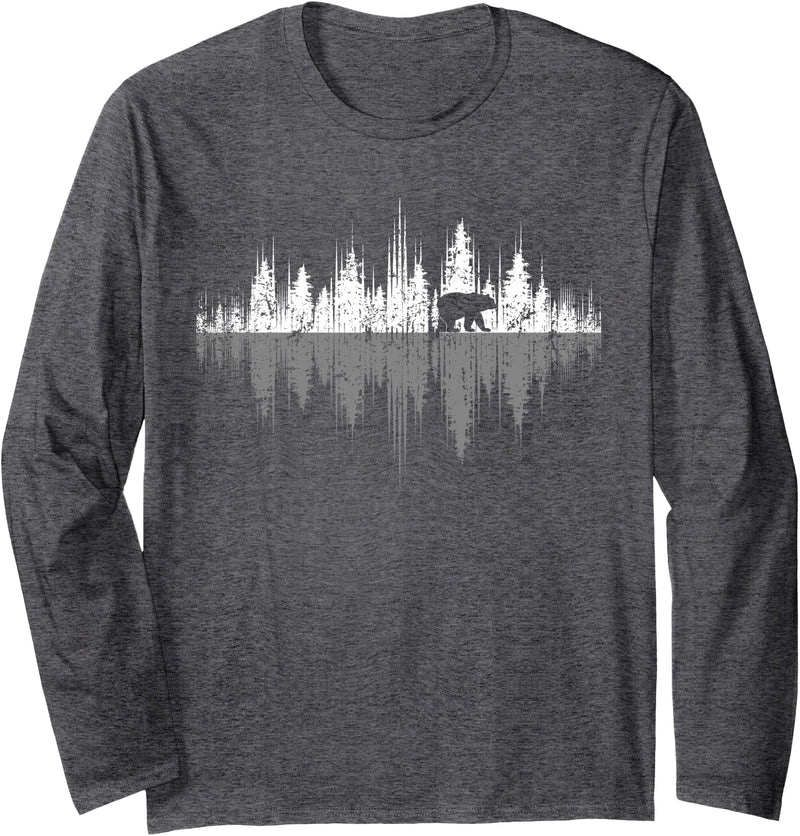 Outdoor Wild Retro Forest Gifts Trees Reflection Wildlife Nature Animal Bear Outdoor Forest Long Sleeve T-Shirt - Dark Heather Grey