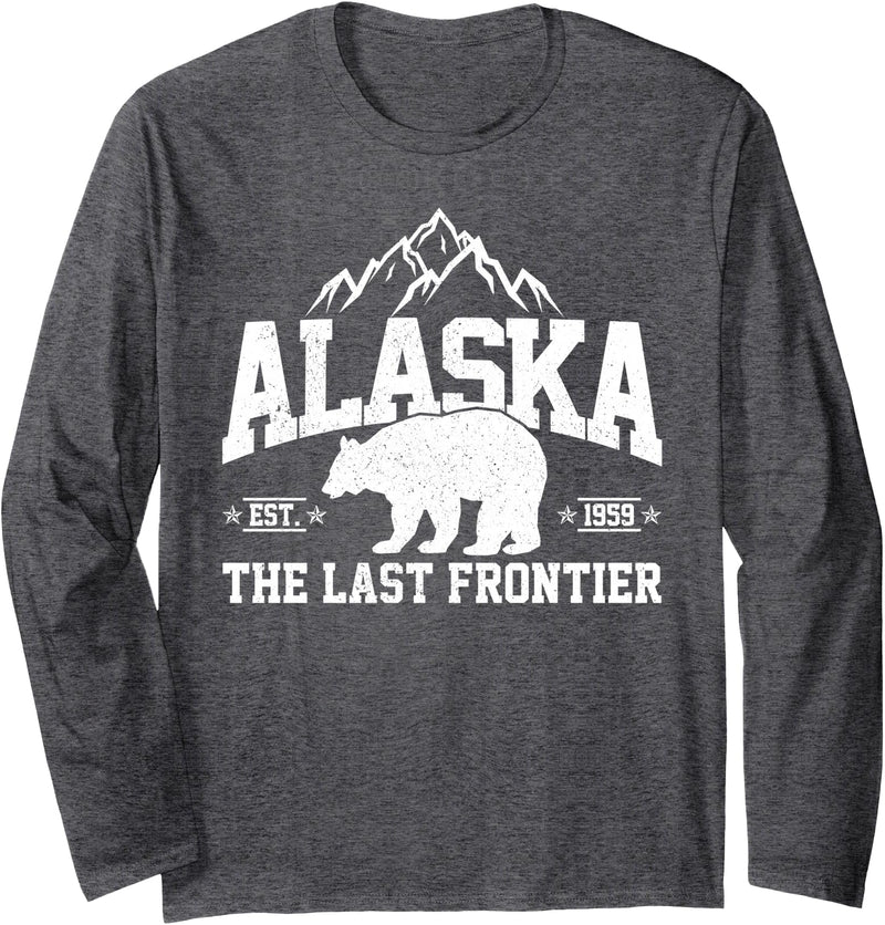 We Love Alaska - T-Shirts & Souvenirs Alaska The Last Frontier EST 1959 Grizzly Bear Mountains Long Sleeve T-Shirt - Dark Heather Grey