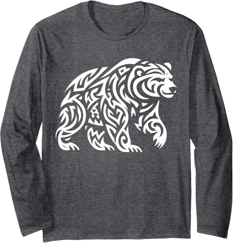 Bear Mania Tribal Grizzly Bear Long Sleeve T-Shirt - Dark Heather Grey