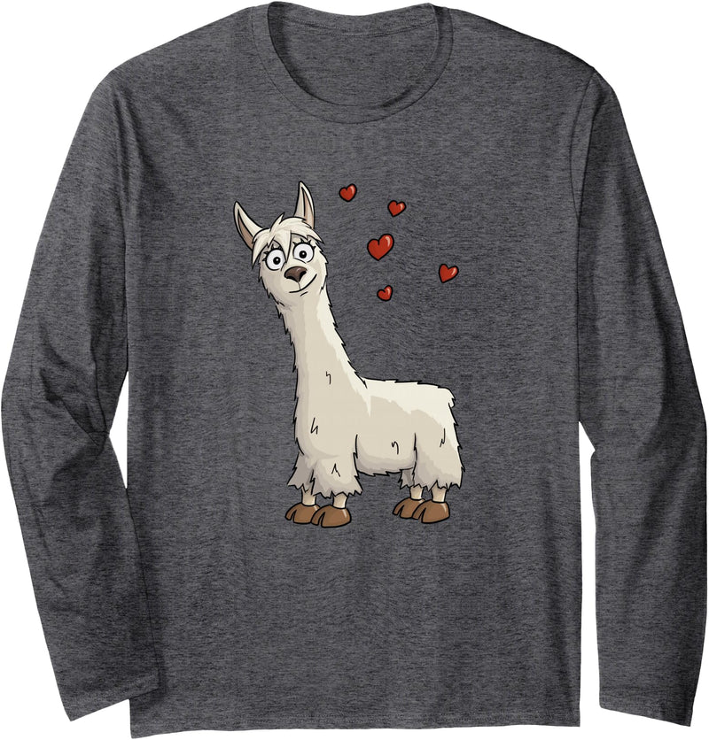 Llama Alpaca Gifts By Skizzenmonster Fancy Cartoon Llama with Hearts | I Love Llama & Alpaca Long Sleeve T-Shirt - Dark Heather Grey