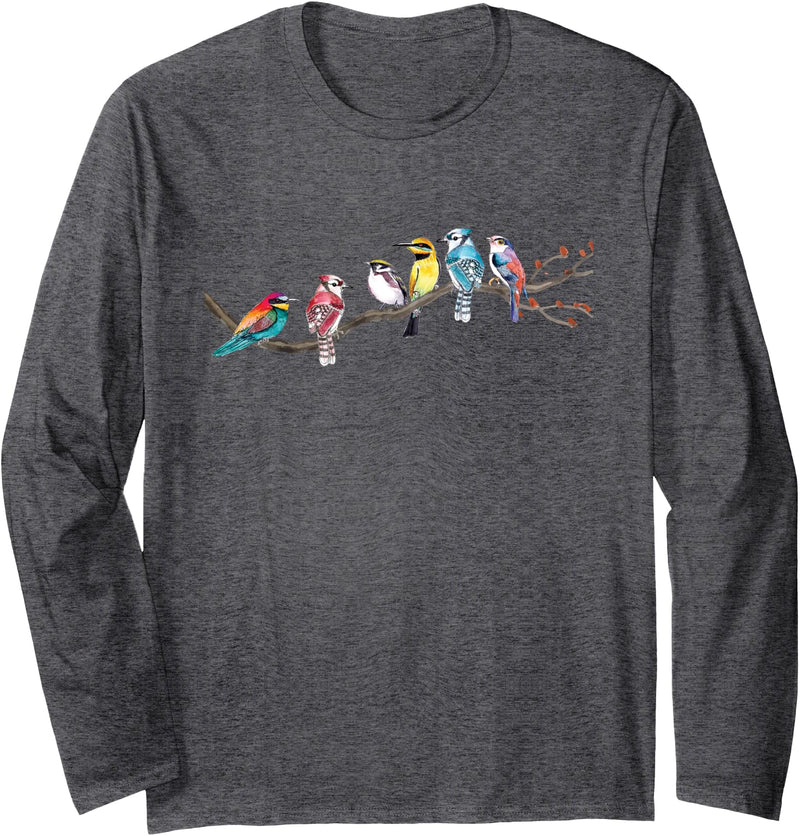Birding & Bird Lover Shirts Birds On A Branch - Birding Bird Watching Bird Watcher Long Sleeve T-Shirt - Dark Heather Grey