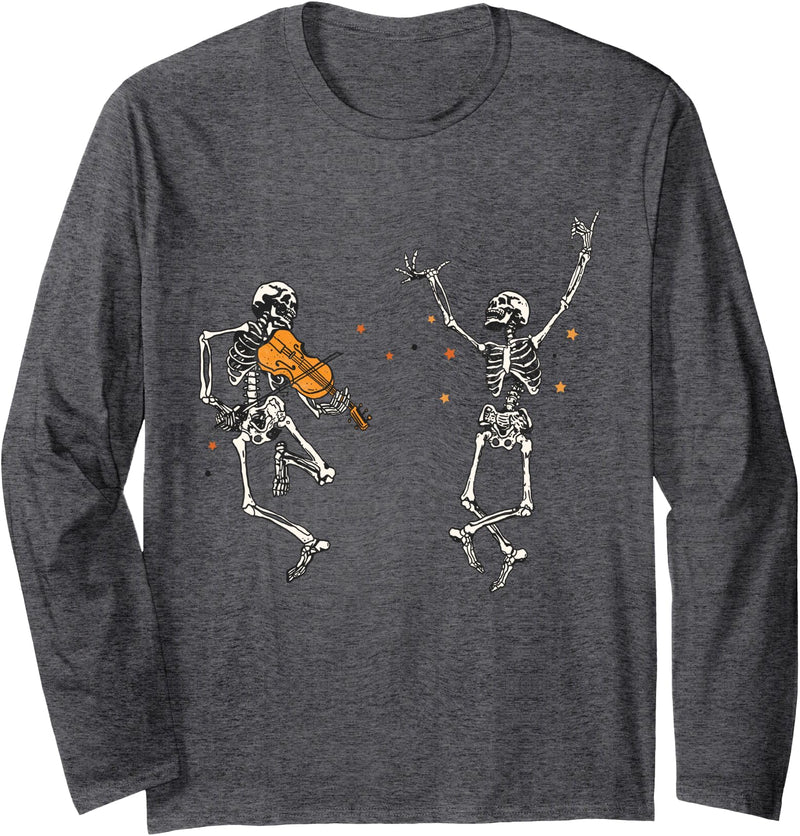 Funny Halloween Tee Dancing Skeletons Dance Challenge Halloween Scary Skeleton Long Sleeve T-Shirt - Dark Heather Grey