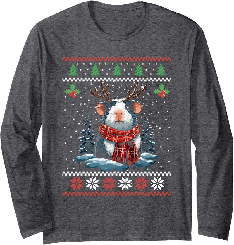Funny Guinea Pig Ugly Christmas Sweater Guinea Pig Reindeer Christmas Sweater Xmas Long Sleeve T-Shirt - Dark Heather Grey