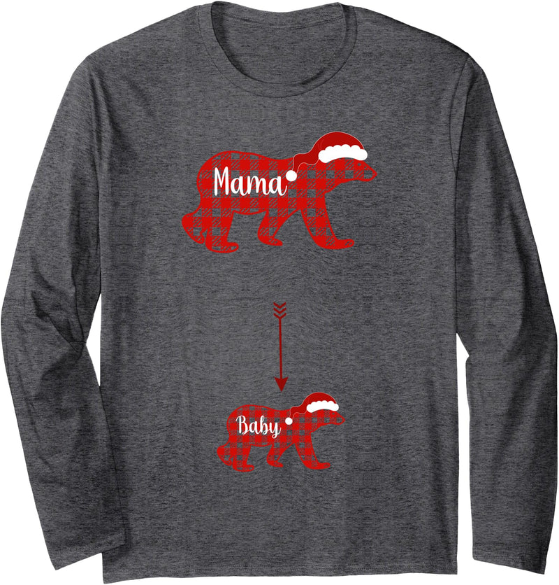 Women's Christmas Funny Cute Pregnancy Apparel Christmas Plaid Bear Mama Baby Polar Pregnancy Announcement Long Sleeve T-Shirt - Dark Heather Grey