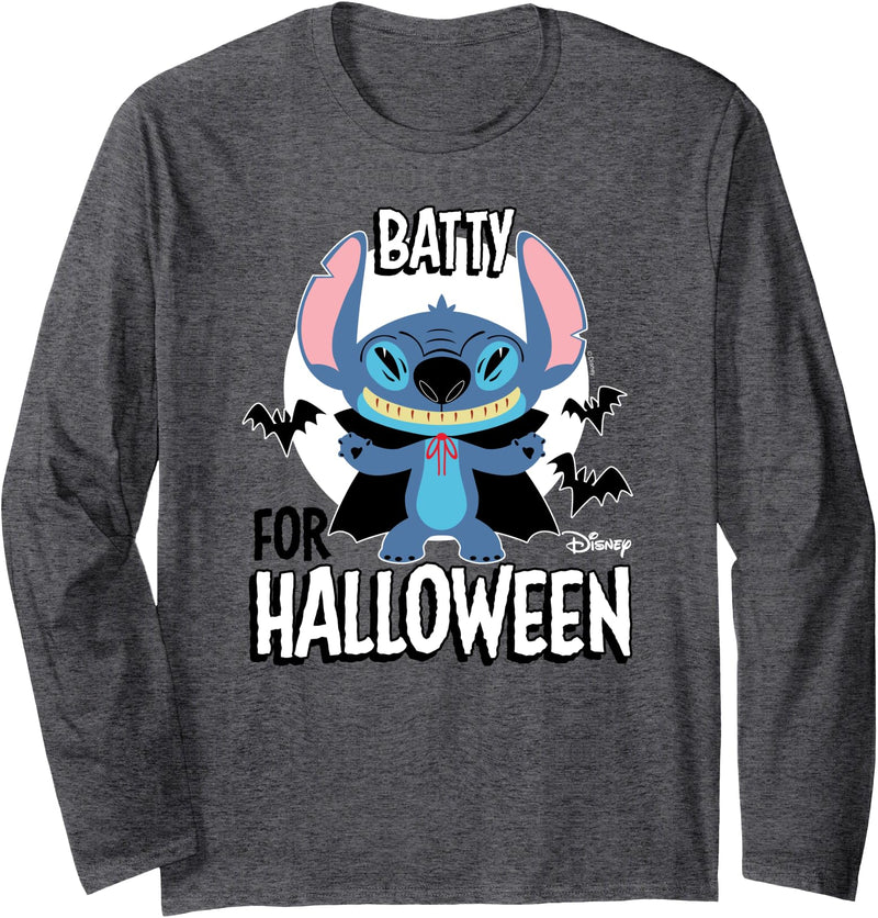 Disney Lilo And Stitch - Batty For Halloween Long Sleeve T-Shirt - Dark Heather Grey