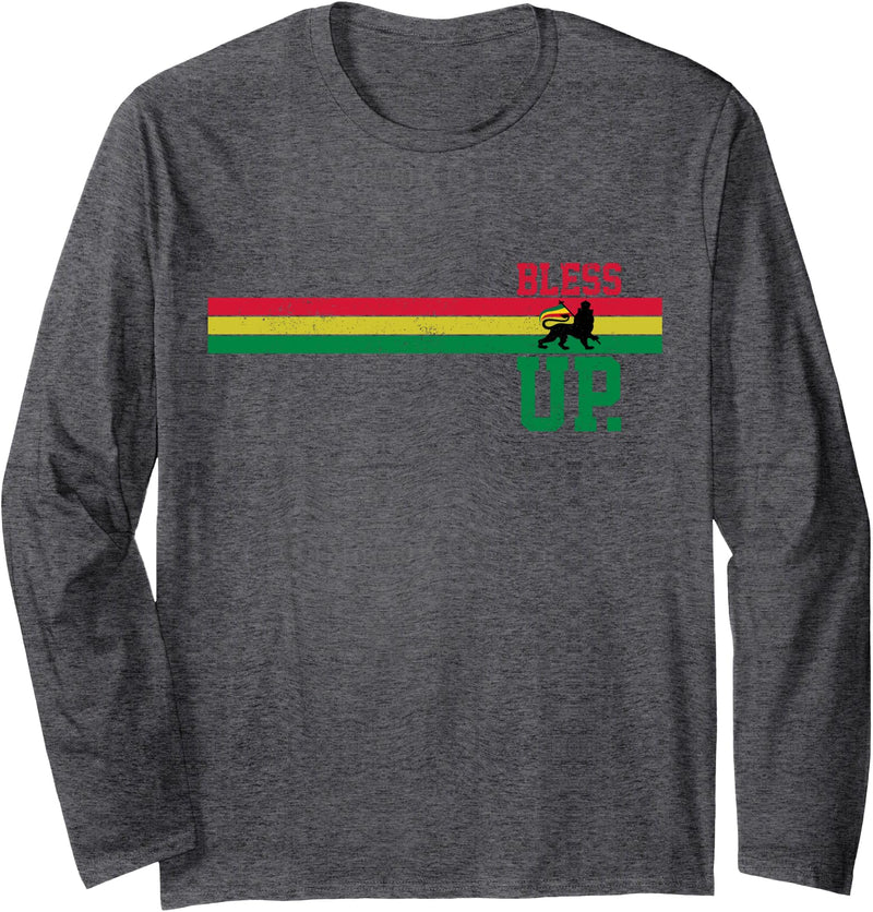 Reggae Music Rastafari Apparel Co. Reggae Rastafari Bless Up Lion Of Judah Rasta Gift Long Sleeve T-Shirt - Dark Heather Grey