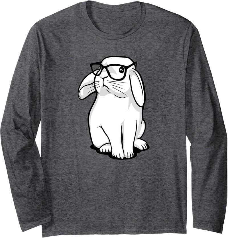 Hipster Rabbit Funny Bunny with Glasses Cute Animal Long Sleeve Shirt in Dark Heather Grey