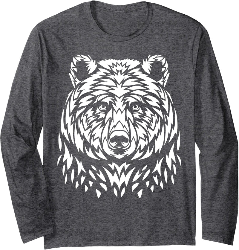 Tribal bear Shirts Tribal Ink white bear face Long Sleeve T-Shirt - Dark Heather Grey