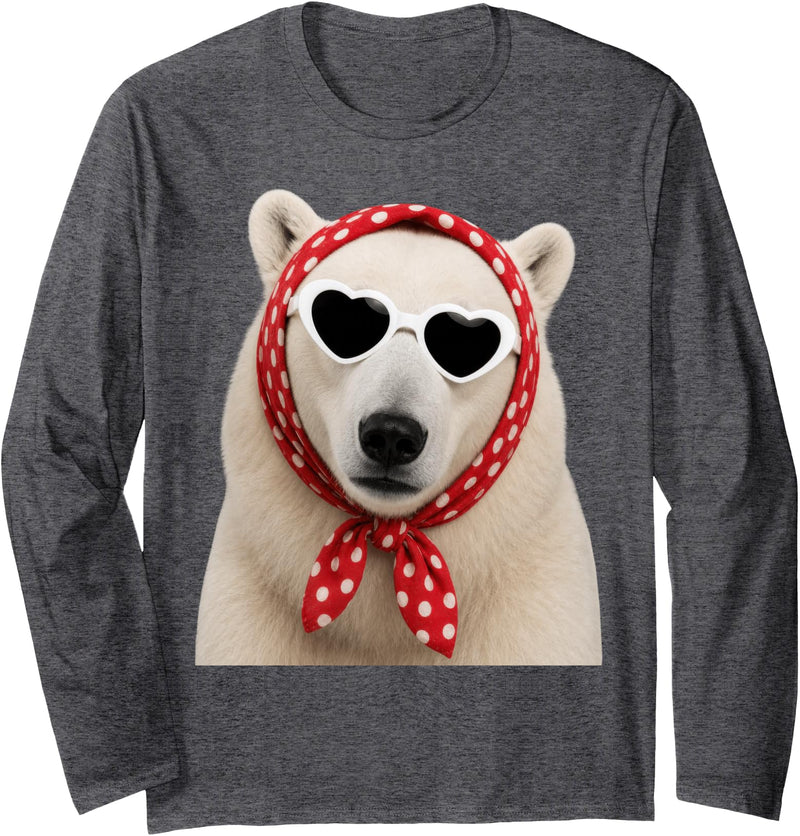Funny Polar Bear with Sunglasses Cute Polar Bear Lover Heart Sunglasses Long Sleeve T-Shirt - Dark Heather Grey