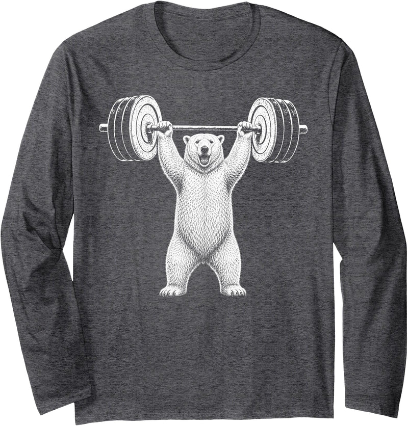 Funny Polar Bear Fitness Meme Polar Bear Gym Deadlift Workout Weightlifting Long Sleeve T-Shirt - Dark Heather Grey
