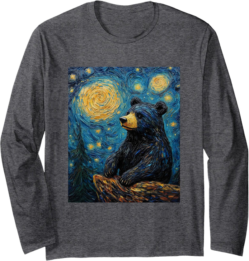 Bear Designs. Bear Van Gogh Style Starry Night Funny Graphic Long Sleeve T-Shirt - Dark Heather Grey