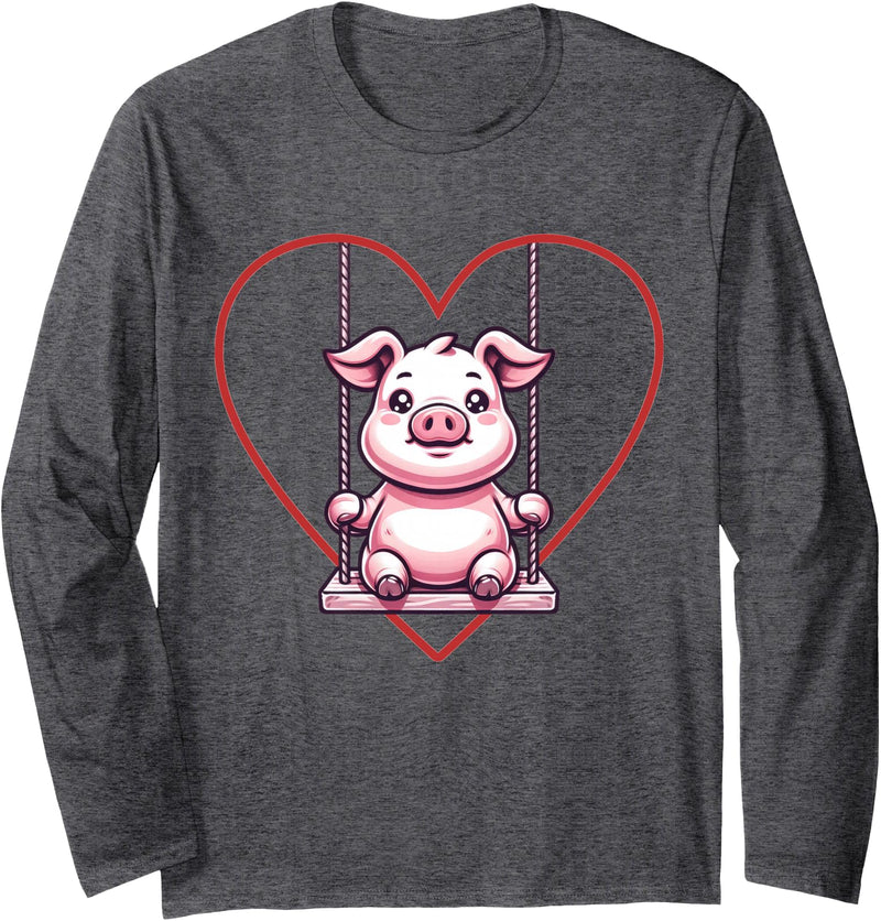 Cute Pig Graphic Pig Women Girls Cute Pig Graphic Piglets Women Girls Long Sleeve T-Shirt - Dark Heather Grey