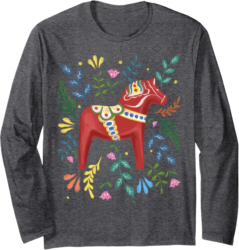 Swedish Dala Horse Swedish Nationality Swedish Dala Horse Folk Art Sweden Flag Dalahelmsoljd Horse Long Sleeve T-Shirt - Dark Heather Grey