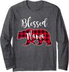 All in the Bear Family Blessed Mama Bear Buffalo Check Plaid Pattern Mom Mother Long Sleeve T-Shirt - Dark Heather Grey