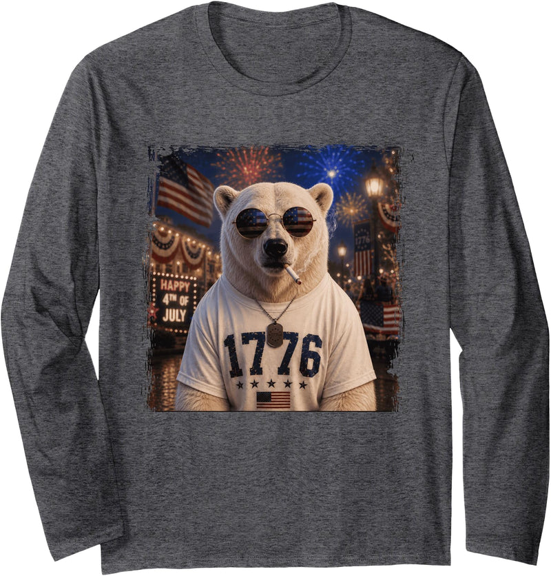 Polar Bear Patriotic America USA Designs Polar Bear Smoking Cigarette 250 Years Long Sleeve T-Shirt - Dark Heather Grey