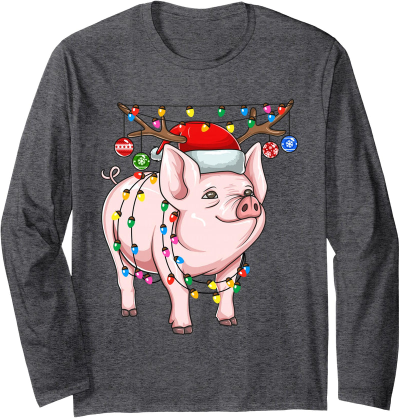 Merry Christmas Animals Co Christmas Pig Holiday Lights With Antlers And Ornaments Long Sleeve T-Shirt - Dark Heather Grey