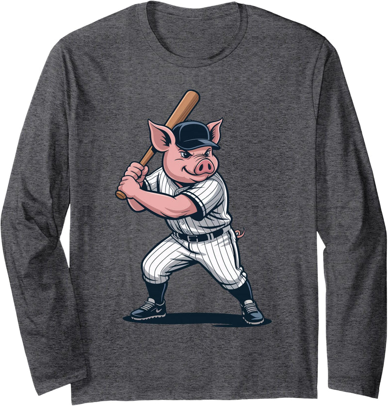 Pig Animal Baseball Lovers Graphic Funny Pig Playing Baseball Artwork Vintage Animal Baseballer Long Sleeve T-Shirt - Dark Heather Grey