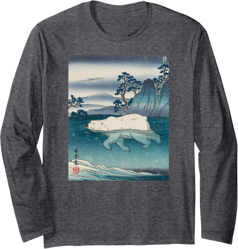 PolarBearArtwork Polar Bear Japanese Art Kyosai Vintage Japan Artwork Long Sleeve T-Shirt - Dark Heather Grey