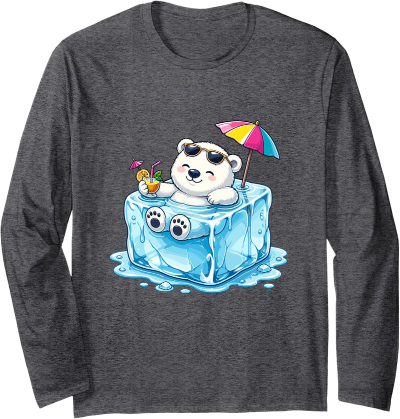 Cool Polar Bear Summer Ice Cube Relax Chill Polar Bear On Ice Cube Summer Vacation Long Sleeve T-Shirt - Dark Heather Grey