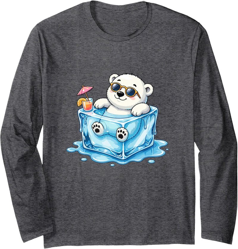 Cool Polar Bear Summer Ice Cube Vibes Chill Polar Bear in Ice Cube Summer Mood Long Sleeve T-Shirt - Dark Heather Grey
