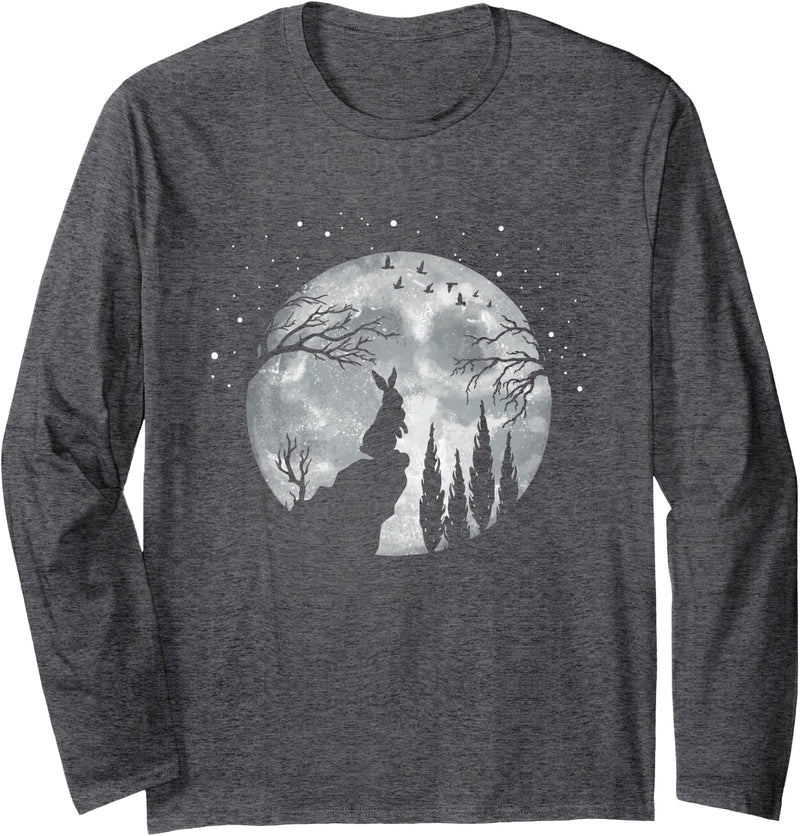 Rabbit Hare Animal Full Moon at Night - Funny Pet Long Sleeve Shirt in Dark Heather Grey