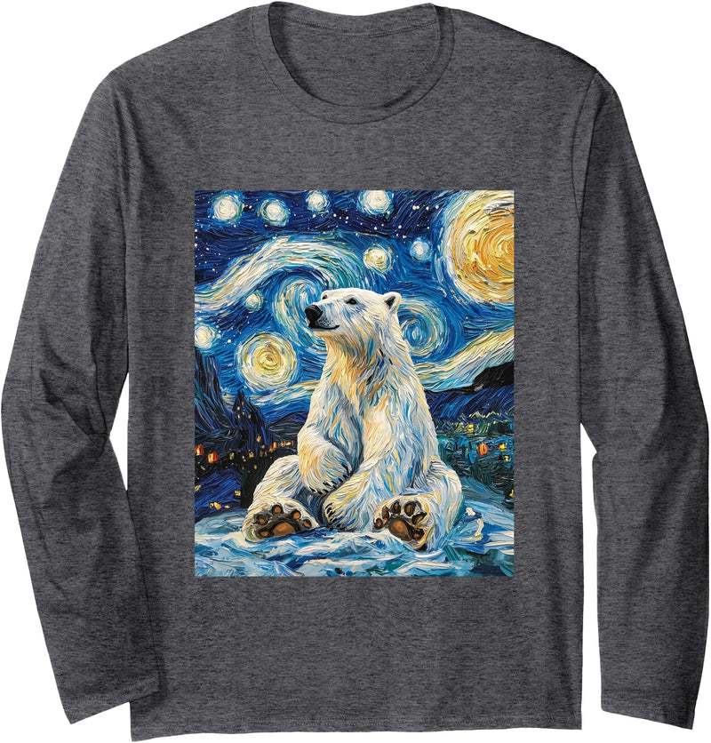 Bear Designs. Cute Polar Bear Van Gogh Style Starry Night Funny Graphic Long Sleeve T-Shirt - Dark Heather Grey