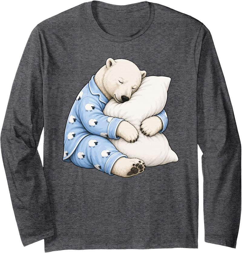 Funny Sleepy Polar Bear Pajama Polar Bear Sleeping in Cute Pajamas Sleep Long Sleeve T-Shirt - Dark Heather Grey