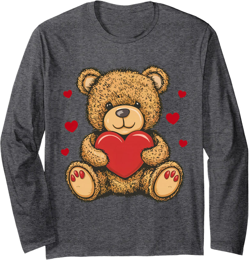 AirBear Adorable Teddy Bear with Heart- Love plushie Long Sleeve T-Shirt - Dark Heather Grey