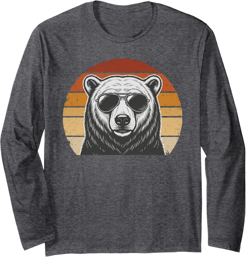 Polar Bear Retro Sunset Vintage Prints Co Polar Bear Retro Sunset Animal Lover Vintage Cool Owner Long Sleeve T-Shirt - Dark Heather Grey