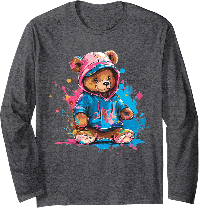 Teddy Bear Colorful Men WomenDesigns Hip Hop Colorful Teddy Bear Men Women Kids Long Sleeve T-Shirt - Dark Heather Grey