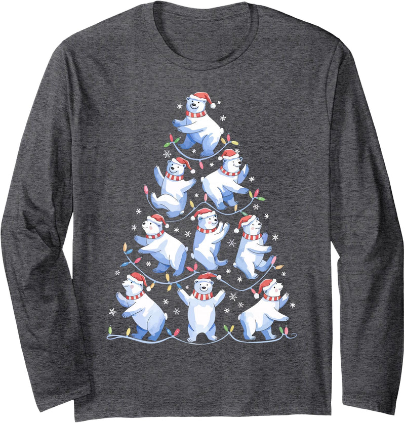 White Giant Christmas Tree Lights Santa Hats Polar Bear Christmas Tree Funny Ice Bear Holiday Long Sleeve T-Shirt - Dark Heather Grey