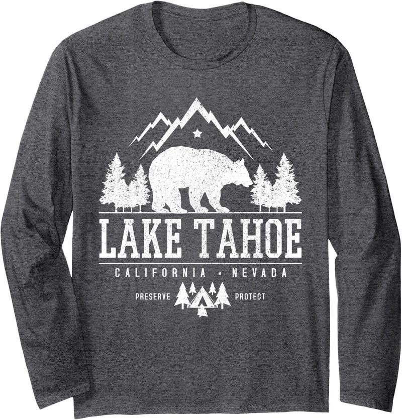 Lake Tahoe Vintage Apparel & Souvenirs Lake Tahoe California - Bear Mountains Nature Camping Gift Long Sleeve T-Shirt - Dark Heather Grey