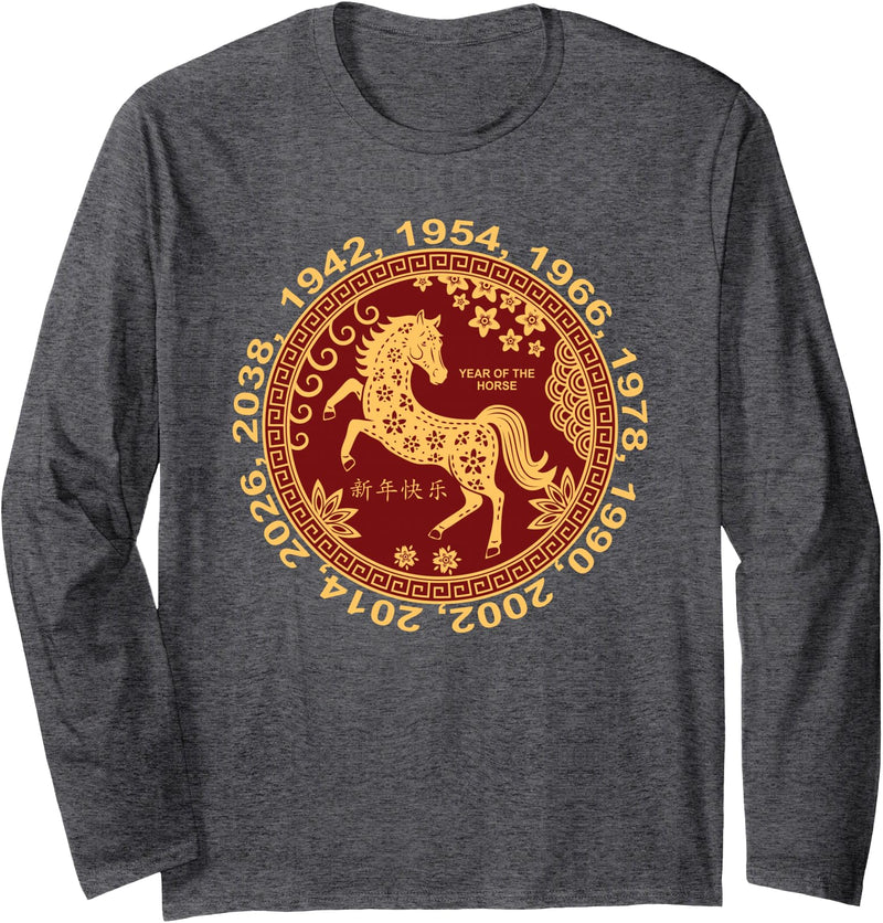 Chinese Lunar New Year 2026 Zodiac Fire Horse Chinese New Year 2026 Year of The Fire Horse Zodiac Sign Long Sleeve T-Shirt - Dark Heather Grey