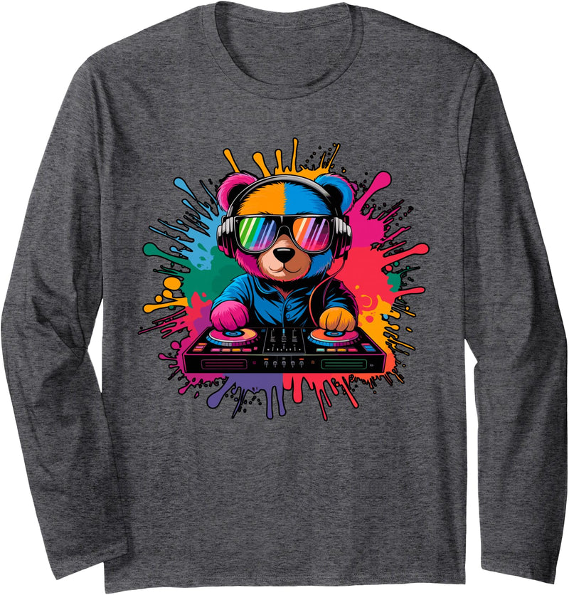 Magical and Funny Disc Jokey Gifts DJ Teddy Bear Long Sleeve T-Shirt - Dark Heather Grey