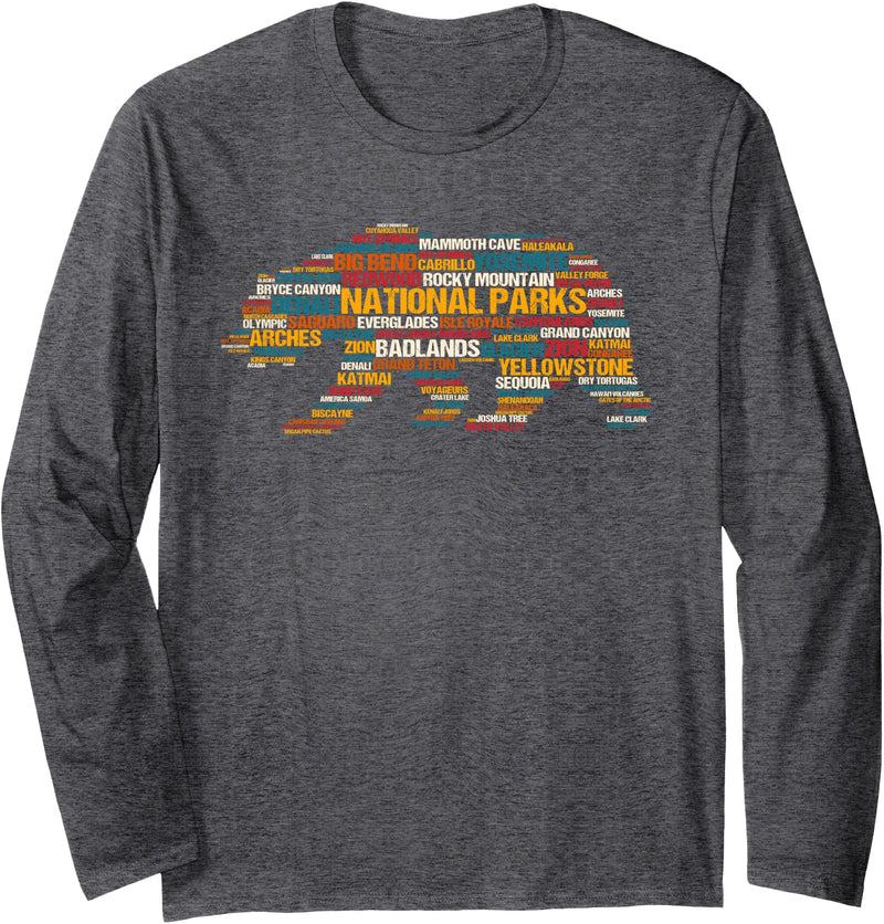 National Parks USA Giftidea! National Parks USA List Word Cloud Bear Camping & Hiking Long Sleeve T-Shirt - Dark Heather Grey