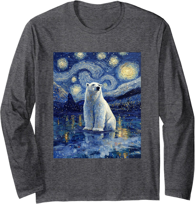 Bear Designs. Cute Polar Bear Van Gogh Style Starry Night Graphic Long Sleeve T-Shirt - Dark Heather Grey