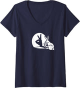 Womens Funny Rabbit Hand Shadow Projection Bunny Hare V-Neck T-Shirt in Navy Blue