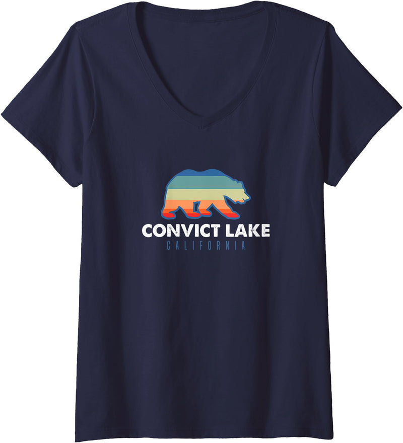 Convict Lake Shirts Womens Convict Lake California Sunset Bear Outdoors Boating Fishing V-Neck T-Shirt - Navy Blue