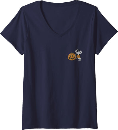 Womens Peanuts Halloween Cool Pumpkin Snoopy V-Neck T-Shirt