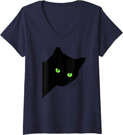 Miftees Halloween Tees Women's Black Cat Peeking V-Neck T-Shirt