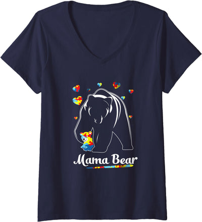 Womens Autism Mom Mama Bear Mother’s Day Cute Autism Matching V-Neck T-Shirt